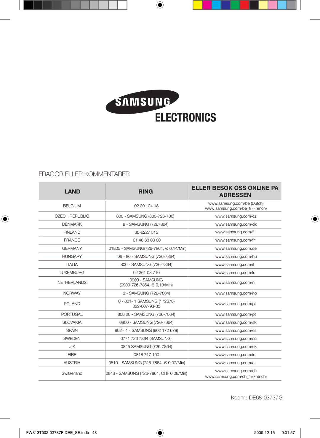 Samsung FW313T002/XEE manual Kodnr. DE68-03737G 