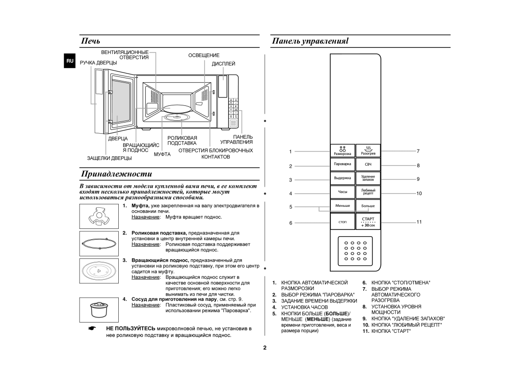 Samsung FW77KSTR/BWT Печь, Панель управленияl, Принадлежности, Садится на муфту, Сосуд для приготовления на пару, см. стр 