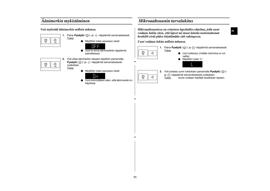 Samsung FW77KU-B/XEE manual Äänimerkin mykistäminen Mikroaaltouunin turvalukitus, Voit mykistää äänimerkin milloin tahansa 