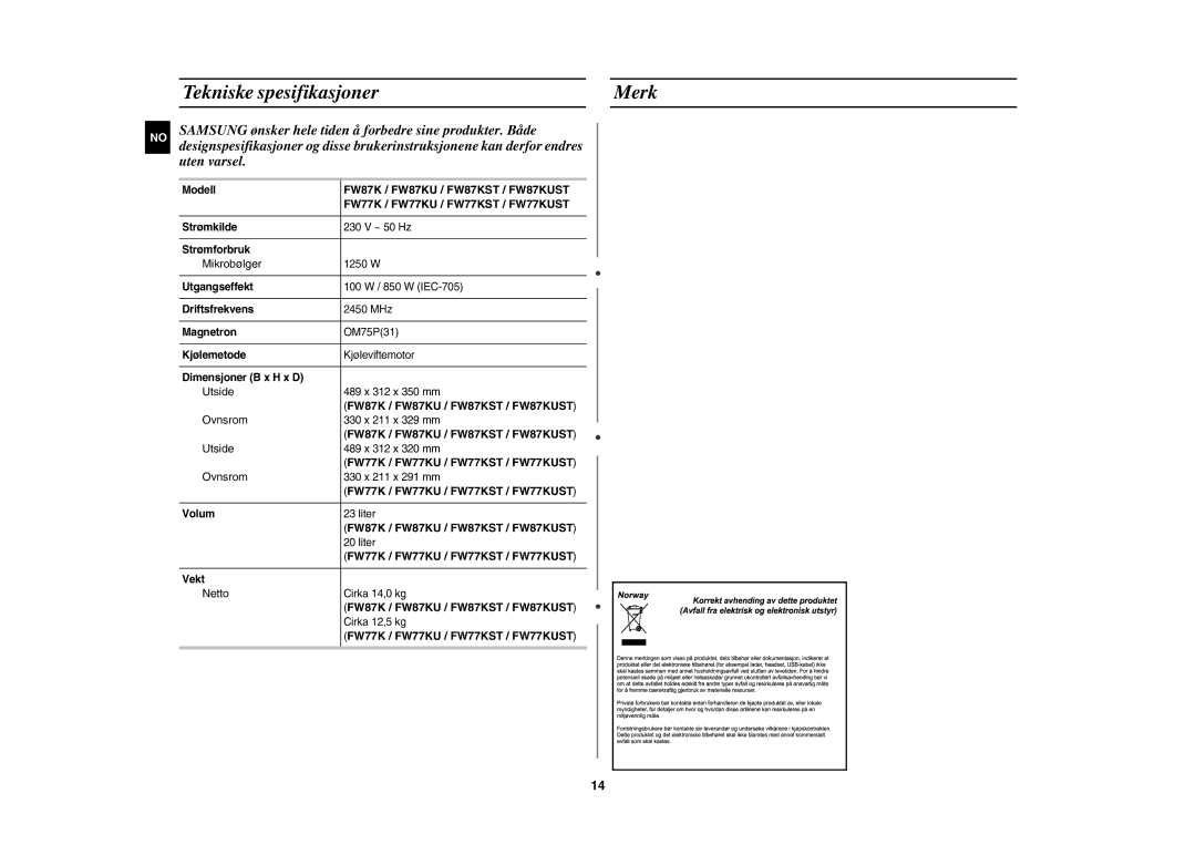 Samsung FW77KU-W/XEE, FW77KU-B/XEE manual Tekniske spesifikasjoner Merk, FW87K / FW87KU / FW87KST / FW87KUST 