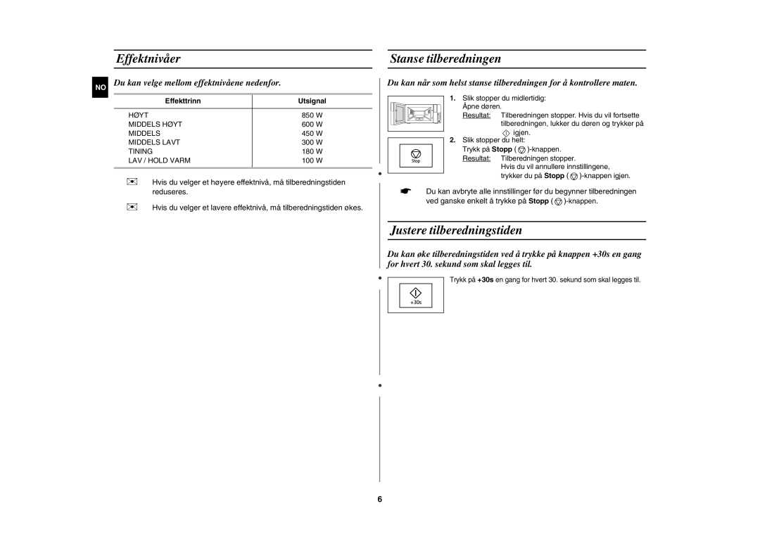 Samsung FW77KU-W/XEE, FW77KU-B/XEE Effektnivåer, Stanse tilberedningen, Justere tilberedningstiden, Effekttrinn Utsignal 