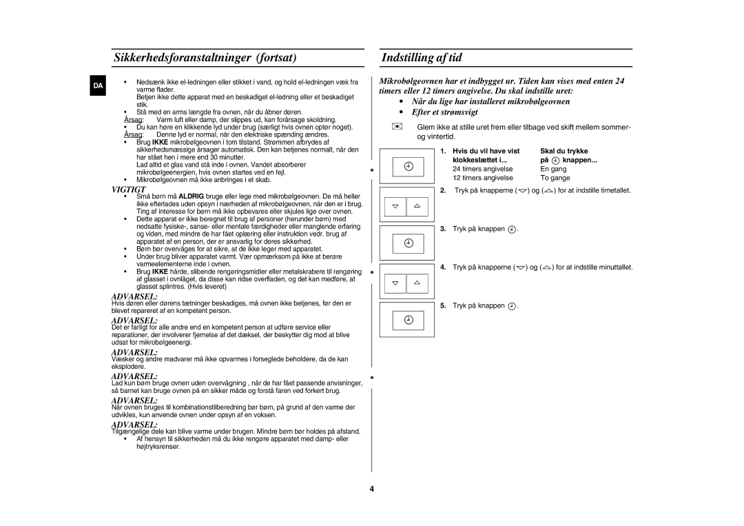 Samsung FW77KUST/XEE manual Sikkerhedsforanstaltninger fortsat, Indstilling af tid, Timers angivelse En gang To gange 