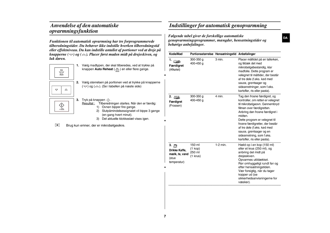 Samsung FW77KUST/XEE manual Indstillinger for automatisk genopvarmning, Færdigret 