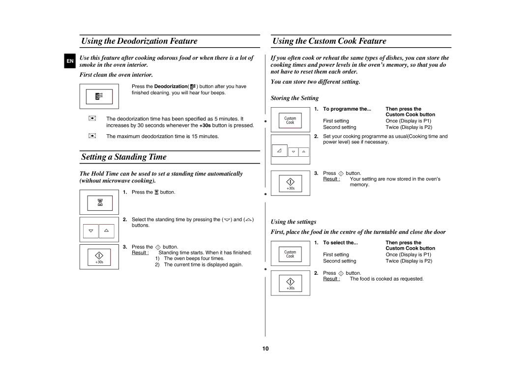 Samsung FW77KUST/XEE manual Using the Deodorization Feature, Setting a Standing Time, Using the Custom Cook Feature 