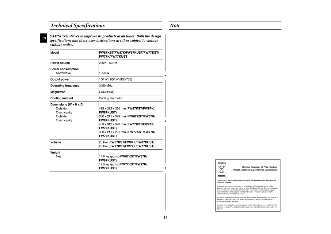 Samsung FW77KUST/XEE manual Technical Specifications, Liter FW87KST/FW87K/FW87KUST, Liter FW77KST/FW77K/FW77KUST 