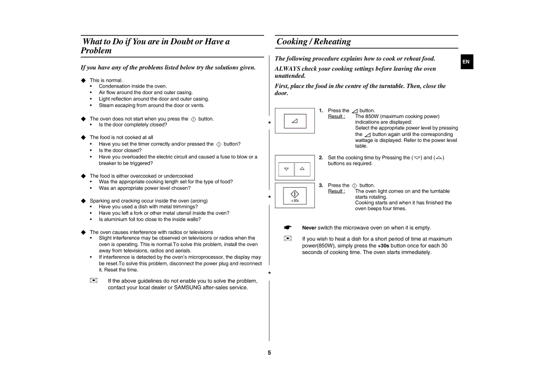 Samsung FW77KUST/XEE manual What to Do if You are in Doubt or Have a Problem, Cooking / Reheating 