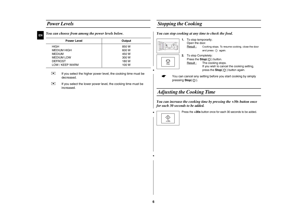 Samsung FW77KUST/XEE manual Power Levels, Stopping the Cooking, Adjusting the Cooking Time, Power Level Output 