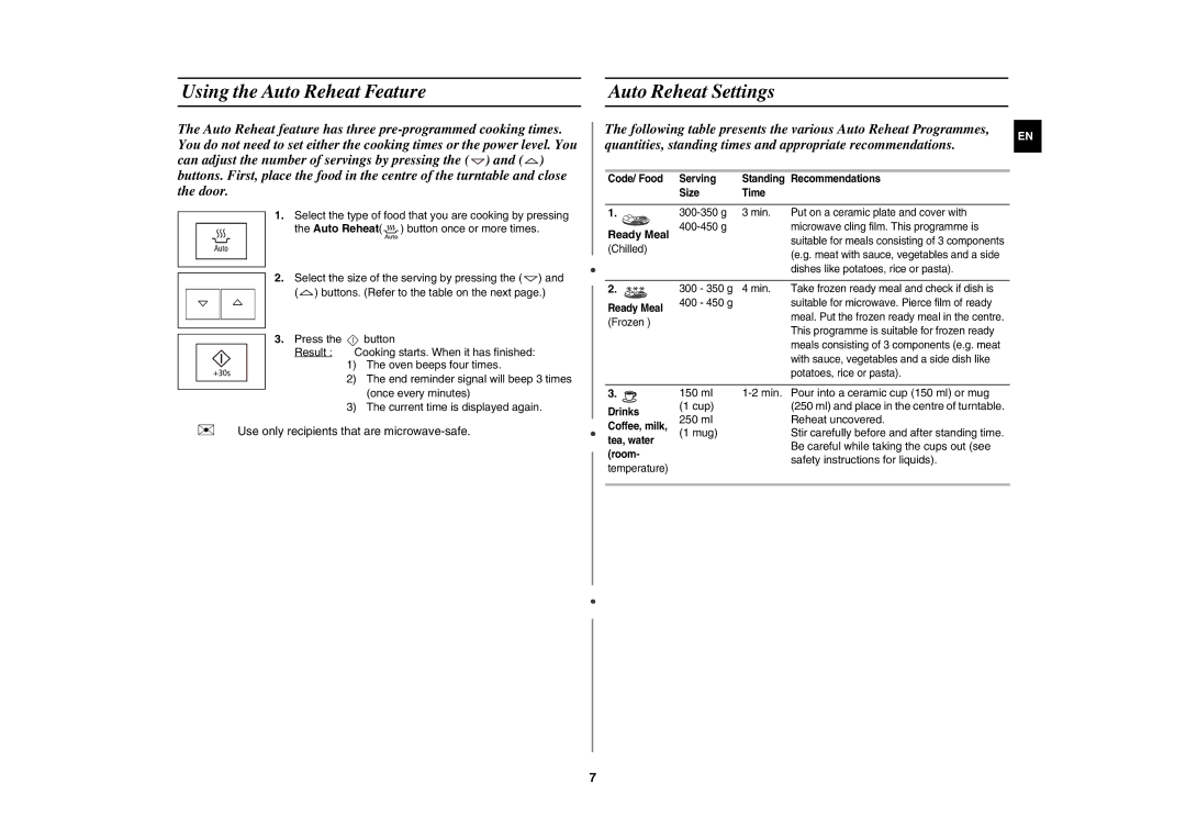 Samsung FW77KUST/XEE Using the Auto Reheat Feature, Auto Reheat Settings, Ready Meal, Safety instructions for liquids 