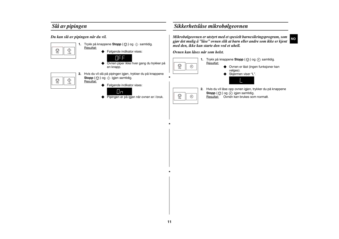 Samsung FW77KUST/XEE manual Slå av pipingen, Sikkerhetslåse mikrobølgeovnen, Stopp og 