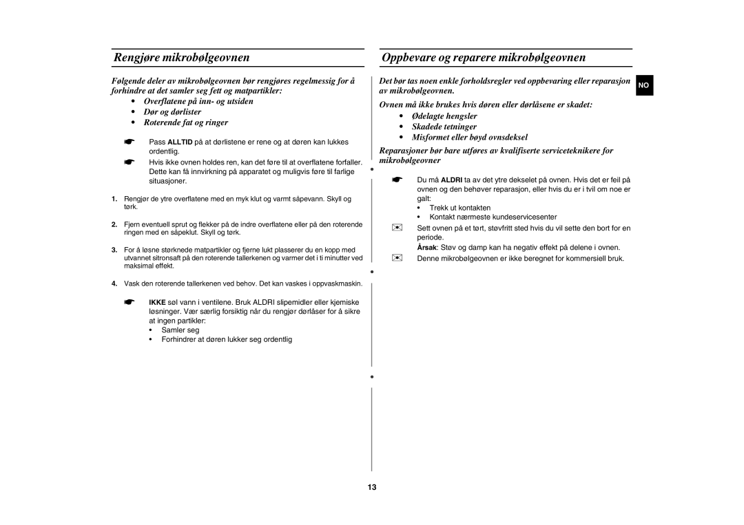 Samsung FW77KUST/XEE manual Rengjøre mikrobølgeovnen, Oppbevare og reparere mikrobølgeovnen 