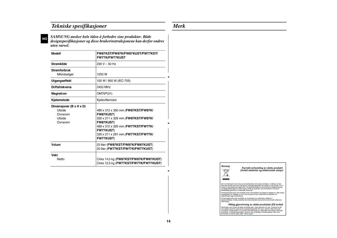 Samsung FW77KUST/XEE manual Tekniske spesifikasjoner Merk, Liter FW87KST/FW87K/FW87KUST, Liter FW77KST/FW77K/FW77KUST 