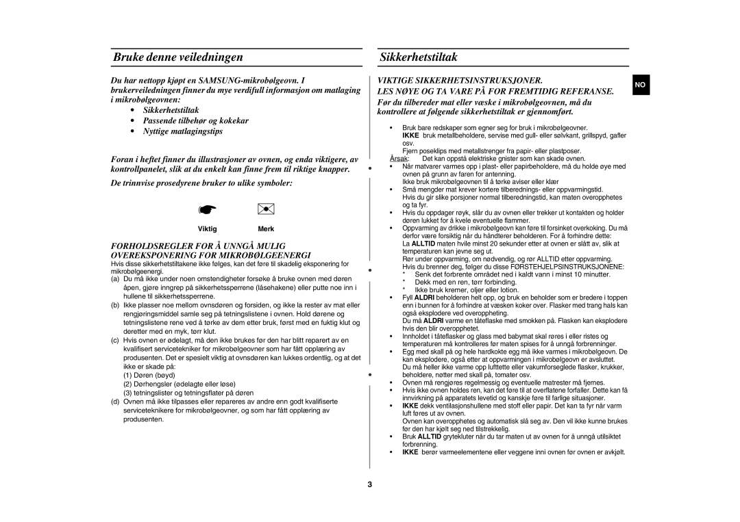 Samsung FW77KUST/XEE manual Bruke denne veiledningen, Sikkerhetstiltak, ViktigMerk 