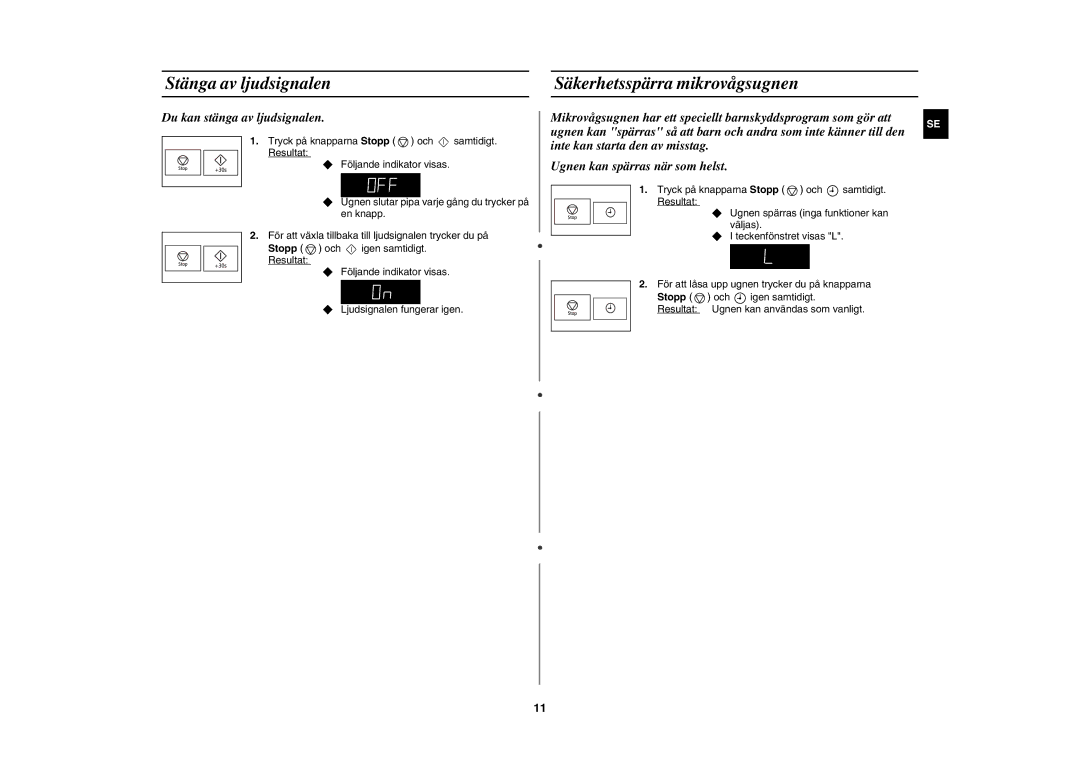 Samsung FW77KUST/XEE manual Stänga av ljudsignalen Säkerhetsspärra mikrovågsugnen, Du kan stänga av ljudsignalen 