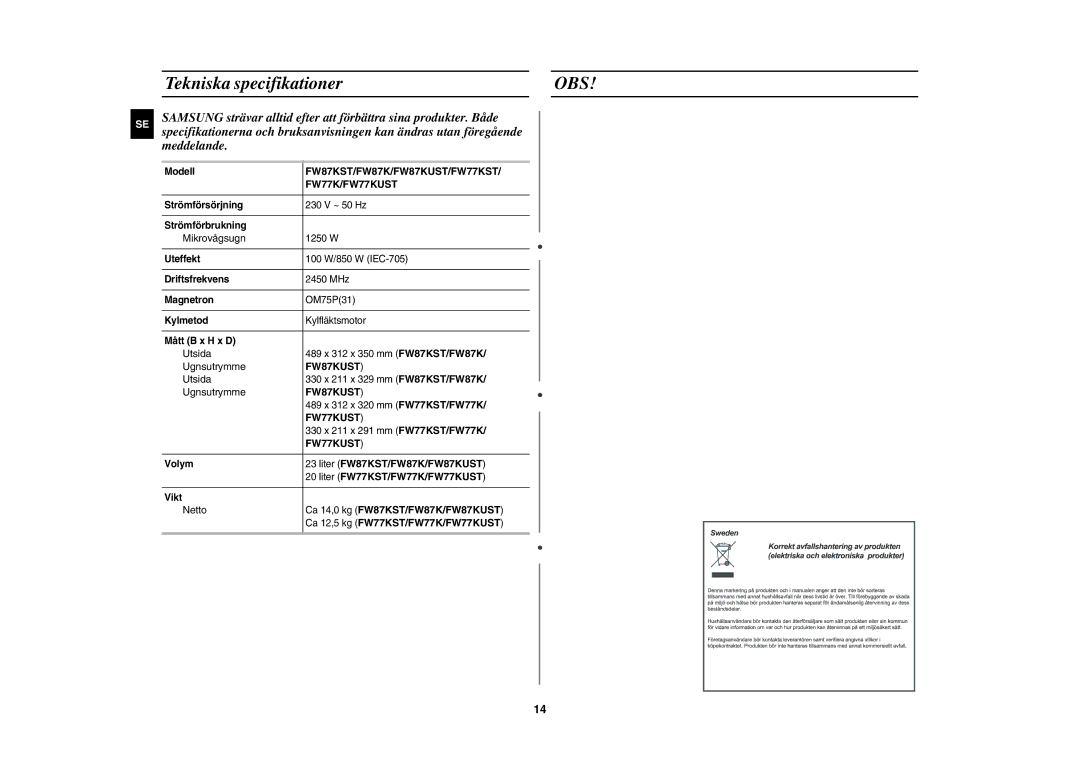 Samsung FW77KUST/XEE manual Tekniska specifikationer, Liter FW87KST/FW87K/FW87KUST, Liter FW77KST/FW77K/FW77KUST 