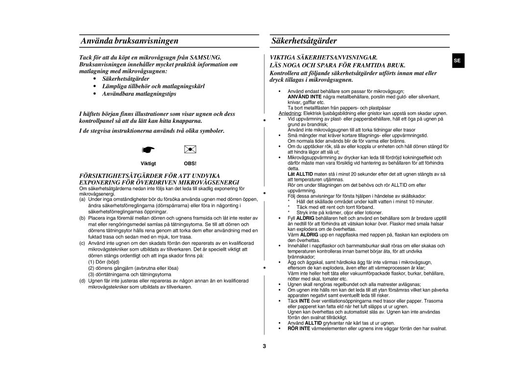 Samsung FW77KUST/XEE manual Använda bruksanvisningen, Säkerhetsåtgärder, ViktigtOBS 