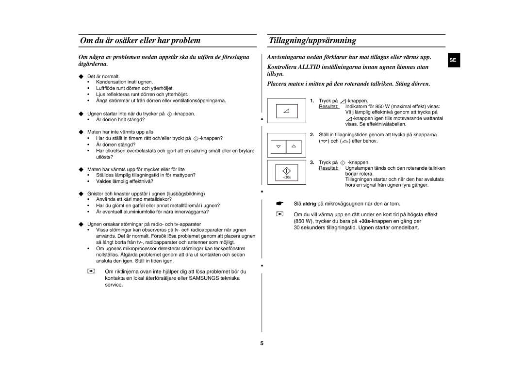 Samsung FW77KUST/XEE manual Om du är osäker eller har problem, Tillagning/uppvärmning 