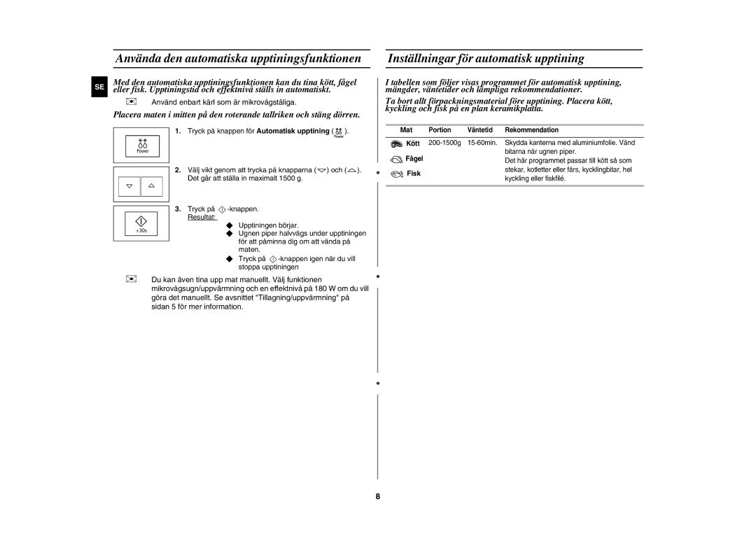 Samsung FW77KUST/XEE manual Använda den automatiska upptiningsfunktionen, Inställningar för automatisk upptining, Mat 