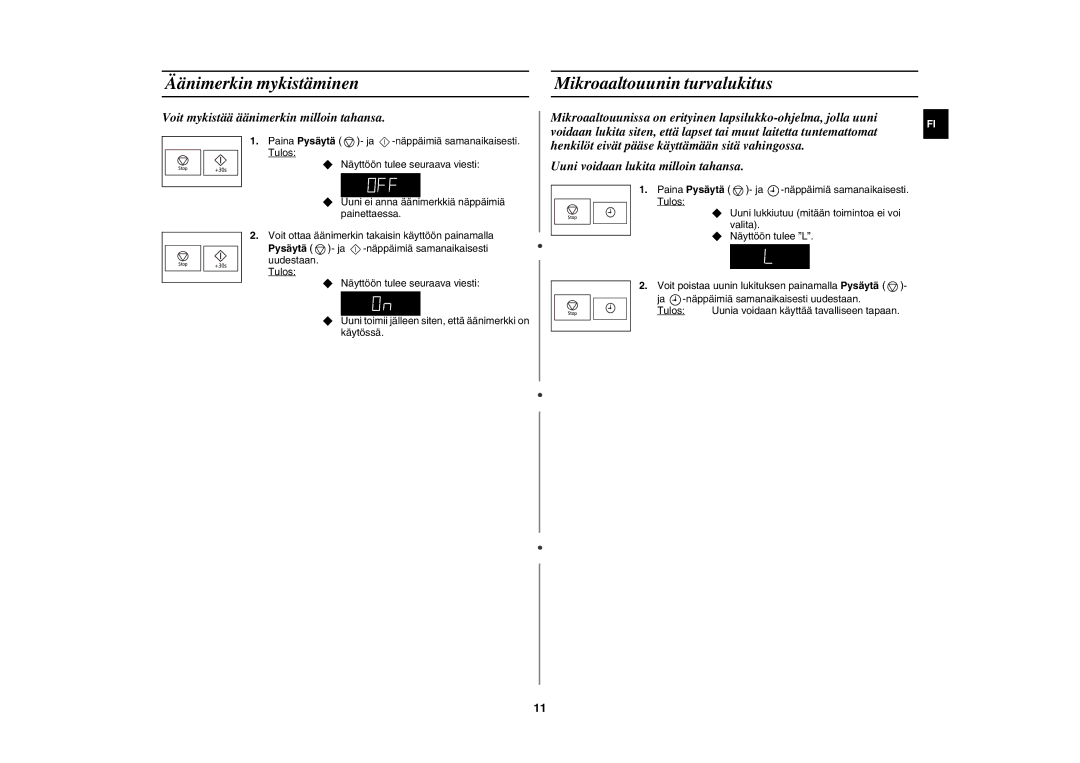 Samsung FW77KUST/XEE manual Äänimerkin mykistäminen Mikroaaltouunin turvalukitus, Voit mykistää äänimerkin milloin tahansa 