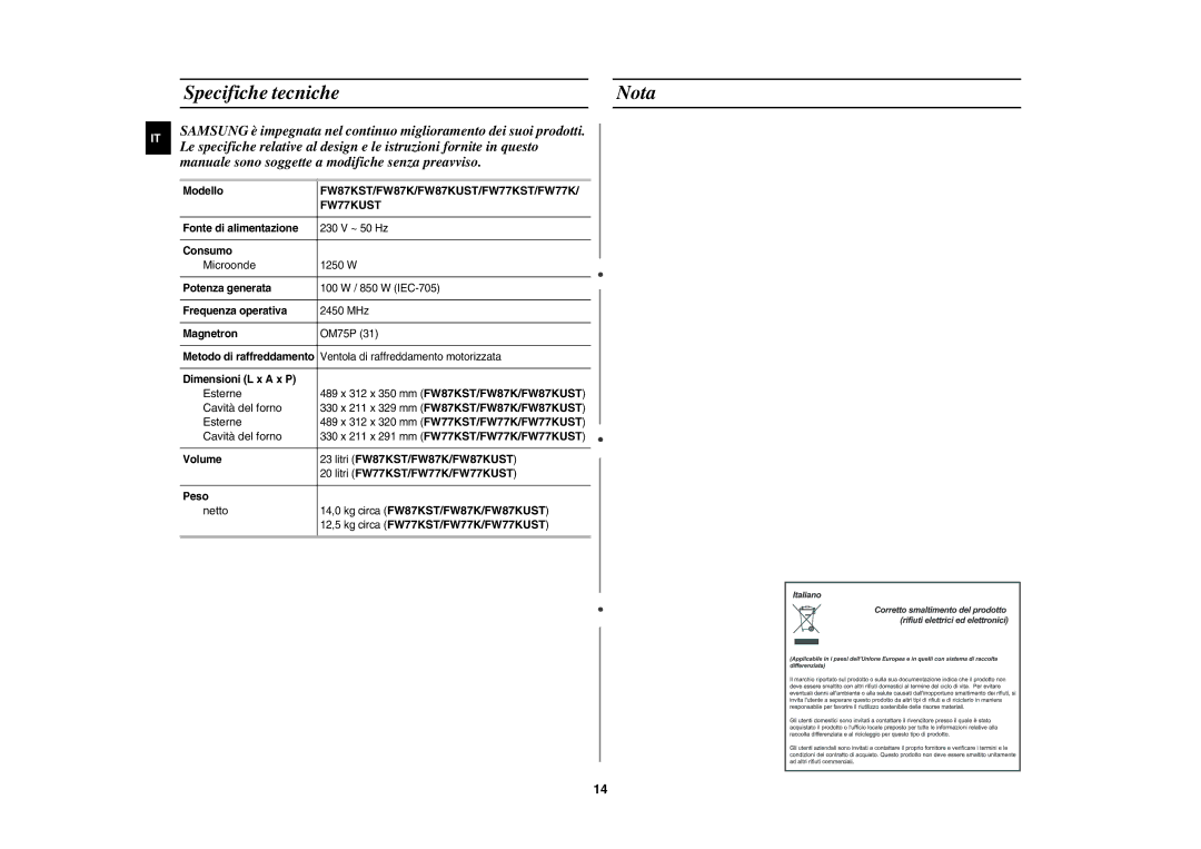 Samsung FW77KUST/XET manual Specifiche tecniche Nota 