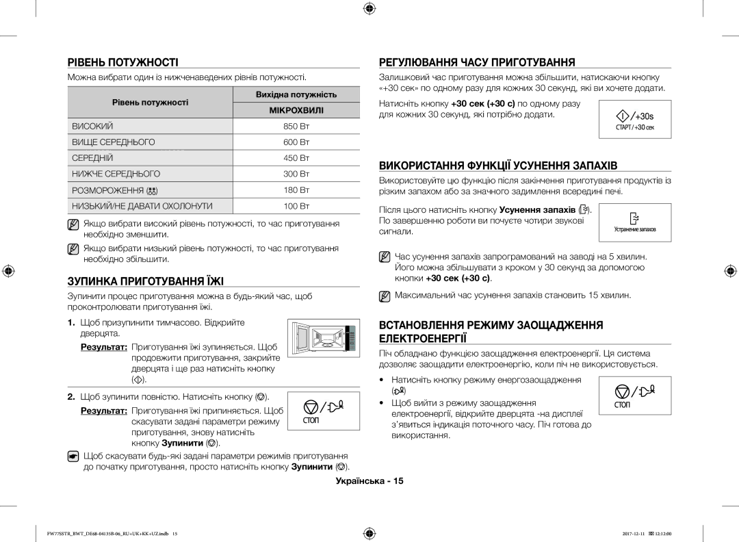 Samsung FW77SR-B/BWT, FW77SSTR/BWT Рівень Потужності Регулювання Часу Приготування, Використання Функції Усунення Запахів 