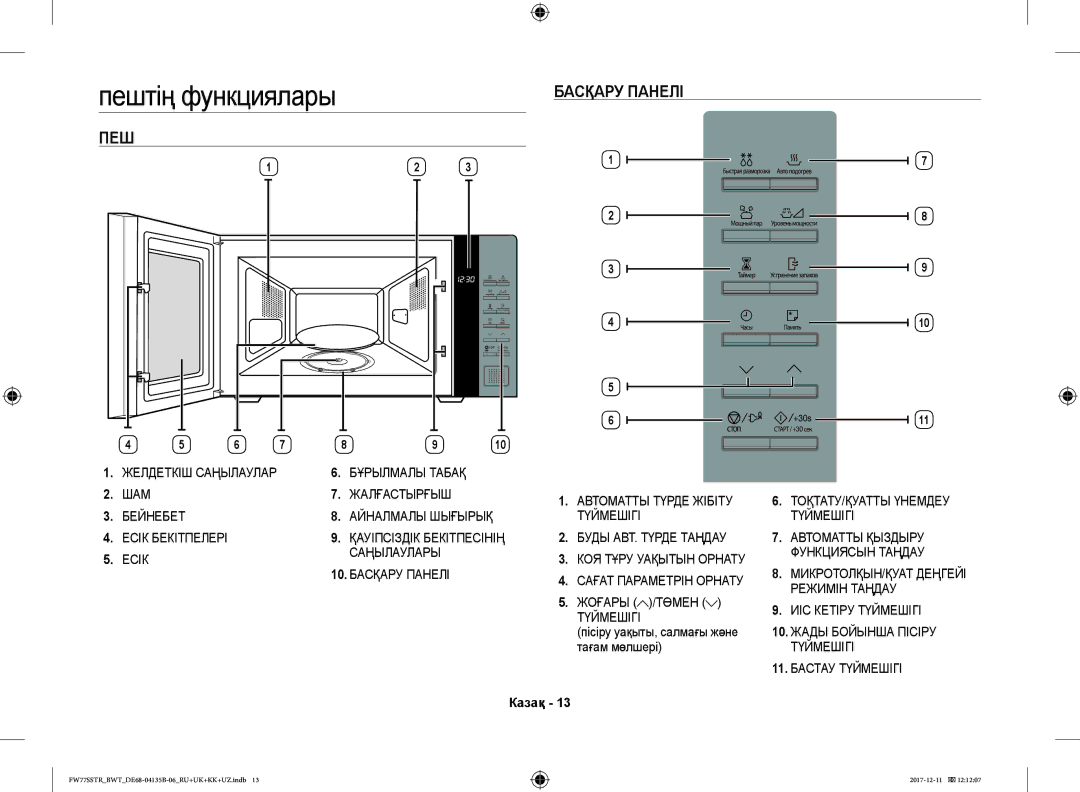 Samsung FW87SR-B/BWT, FW77SSTR/BWT manual Пештің функциялары, ПЕШ Басқару Панелі, Тағам мөлшері, Пісіру уақыты, салмағы және 