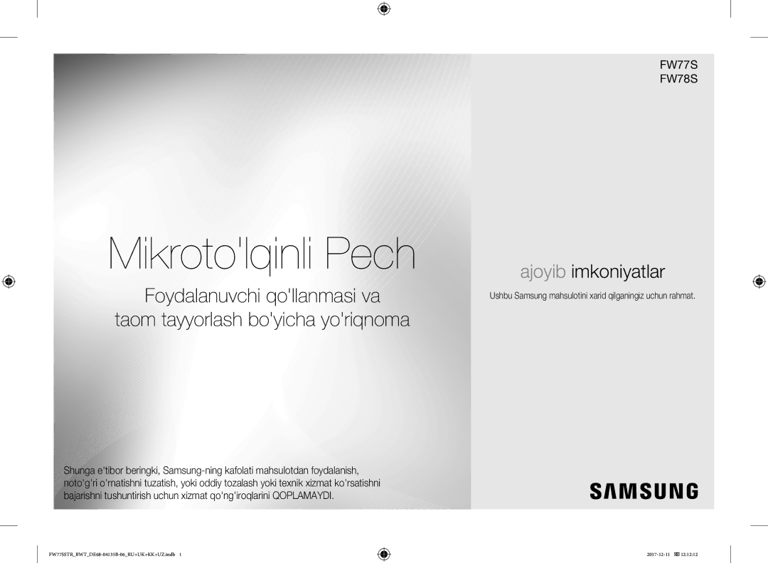 Samsung FW87SR-B/BWT, FW77SSTR/BWT manual Mikrotolqinli Pech, Ushbu Samsung mahsulotini xarid qilganingiz uchun rahmat 