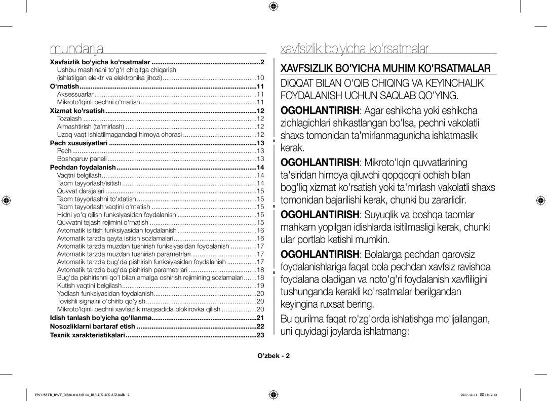 Samsung FW77SR-W/BWT, FW77SSTR/BWT, FW87SR-B/BWT, FW77SR-B/BWT manual Mundarija, Xavfsizlik boyicha korsatmalar, ’zbek 