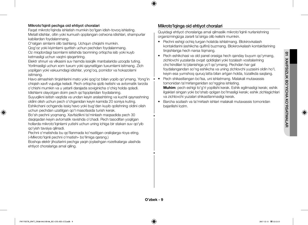 Samsung FW87SR-B/BWT manual Mikrotolqinga oid ehtiyot choralari, Idishlarni olayotgan doim pech qolqoplaridan foydalaning 