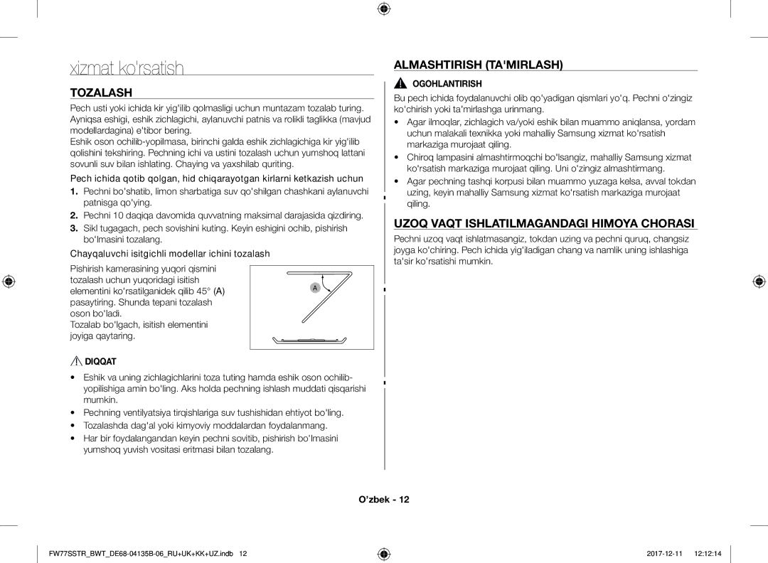 Samsung FW77SSTR/BWT manual Xizmat korsatish, Tozalash, Almashtirish Tamirlash, Uzoq Vaqt Ishlatilmagandagi Himoya Chorasi 