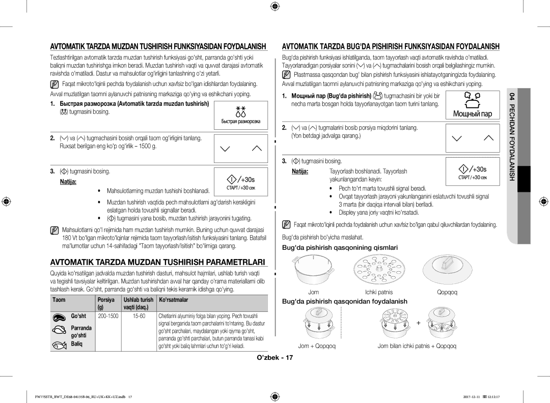 Samsung FW87SR-B/BWT manual Avtomatik Tarzda Muzdan Tushirish Parametrlari, Mahsulotlarning muzdan tushishi boshlanadi 