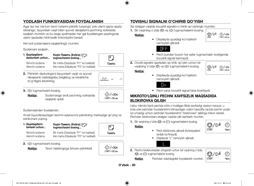 Samsung FW77SSTR/BWT manual Mikrotolqinli Pechni Xavfsizlik Maqsadida Blokirovka Qilish, Quyidagilarni, Birinchi sozlama 