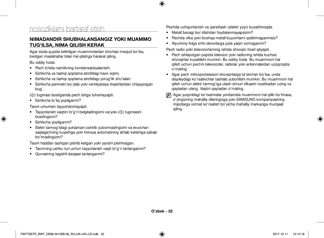 Samsung FW77SR-W/BWT, FW77SSTR/BWT, FW87SR-B/BWT, FW77SR-B/BWT manual Nosozliklarni bartaraf etish 