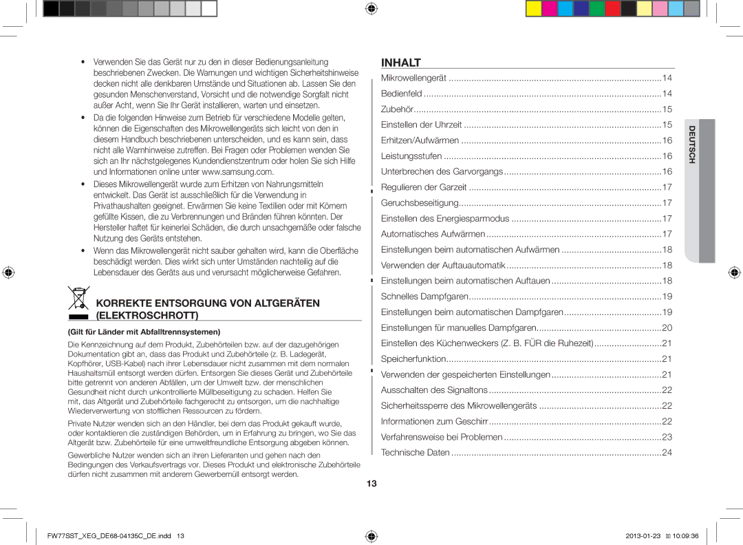 Samsung FW77SST/XEG manual Inhalt, Korrekte Entsorgung VON Altgeräten Elektroschrott 