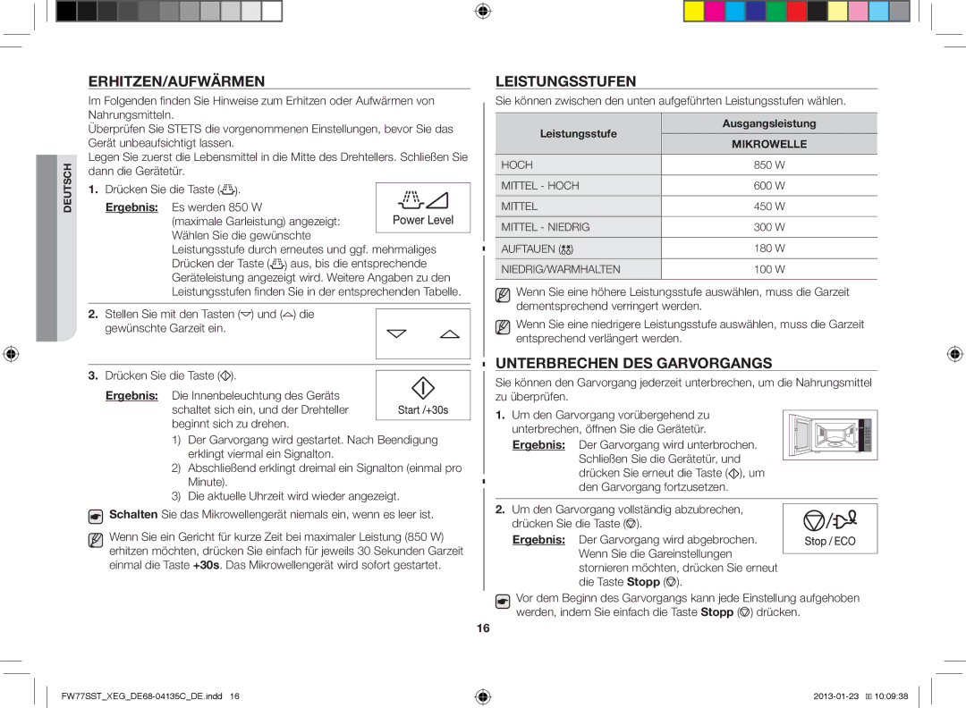 Samsung FW77SST/XEG Erhitzen/Aufwärmen, Leistungsstufen, Unterbrechen DES Garvorgangs, Leistungsstufe Ausgangsleistung 