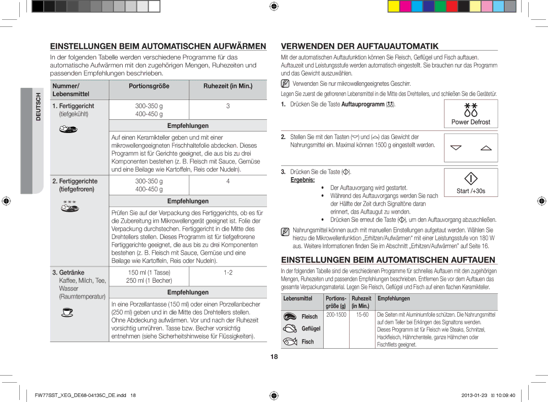 Samsung FW77SST/XEG manual Einstellungen Beim Automatischen Aufwärmen, Verwenden DER Auftauautomatik 