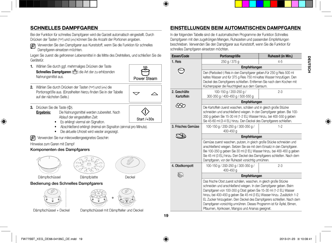 Samsung FW77SST/XEG manual Schnelles Dampfgaren, Einstellungen Beim Automatischen Dampfgaren 