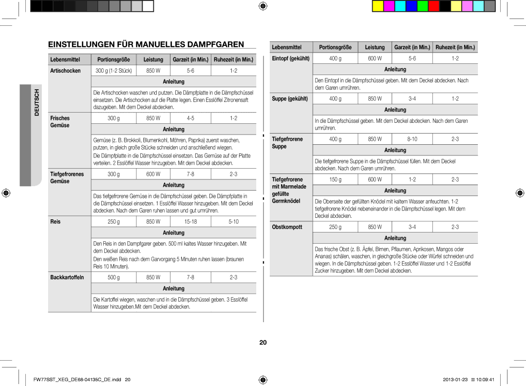 Samsung FW77SST/XEG manual Einstellungen FÜR Manuelles Dampfgaren 