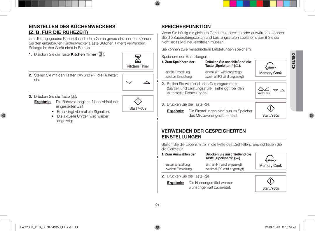 Samsung FW77SST/XEG manual Einstellen DES Küchenweckers Z. B. FÜR DIE Ruhezeit, Speicherfunktion 