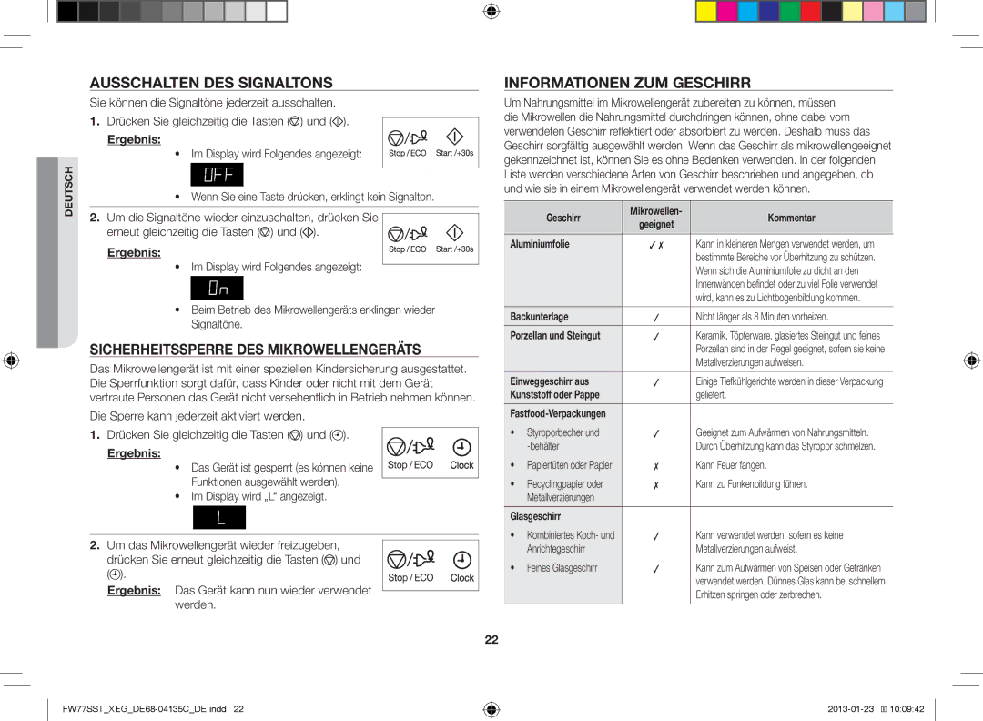 Samsung FW77SST/XEG manual Ausschalten DES Signaltons, Sicherheitssperre DES Mikrowellengeräts, Informationen ZUM Geschirr 