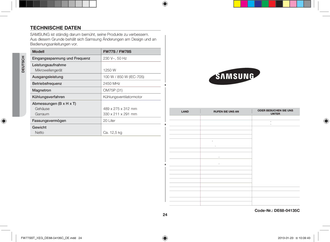 Samsung FW77SST/XEG manual Technische Daten, Modell FW77S / FW78S 