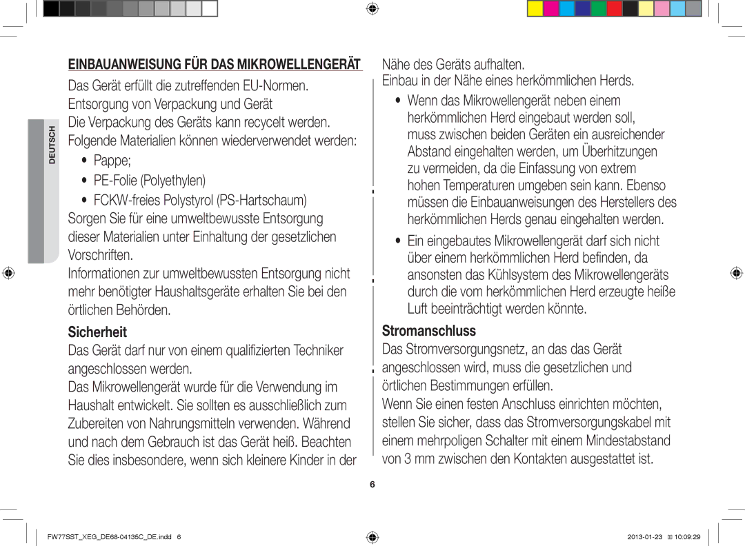 Samsung FW77SST/XEG Pappe PE-Folie Polyethylen, Örtlichen Bestimmungen erfüllen, Einbauanweisung FÜR DAS Mikrowellengerät 