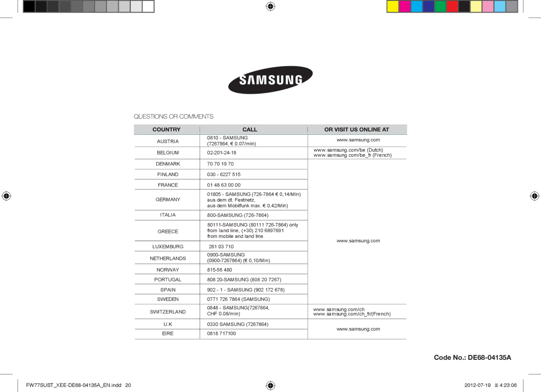 Samsung FW77SUB/XEE, FW77SUST/XEE, FW77SUW/XEE manual Code No. DE68-04135A 