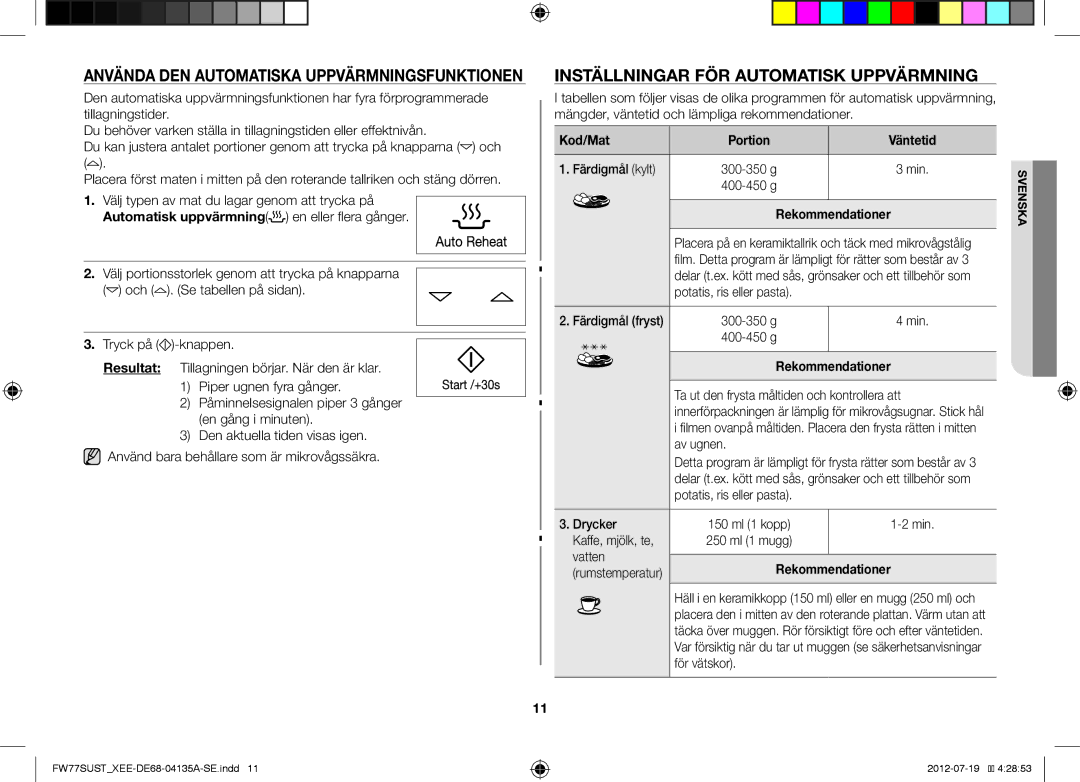 Samsung FW77SUW/XEE, FW77SUST/XEE, FW77SUB/XEE manual Inställningar FÖR Automatisk Uppvärmning, Kod/Mat, Rekommendationer 