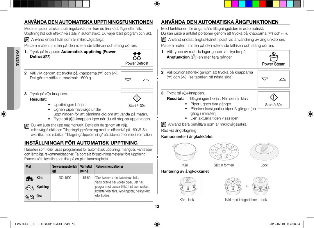 Samsung FW77SUST/XEE, FW77SUB/XEE Inställningar FÖR Automatisk Upptining, Använda DEN Automatiska Ångfunktionen, Resultat 