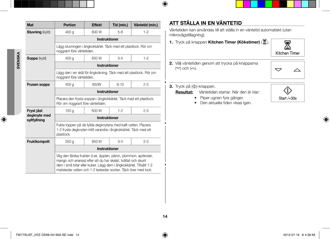 Samsung FW77SUW/XEE, FW77SUST/XEE, FW77SUB/XEE manual ATT Ställa in EN Väntetid, Tryck på knappen Kitchen Timer Kökstimer 