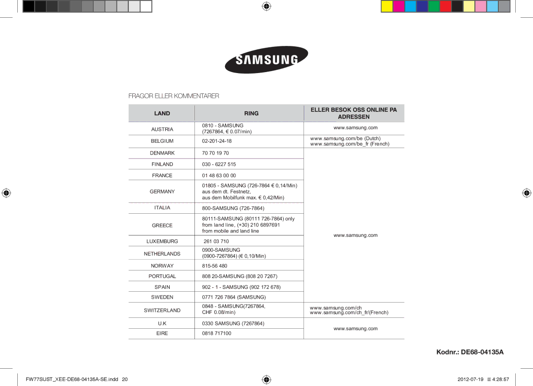 Samsung FW77SUW/XEE, FW77SUST/XEE, FW77SUB/XEE manual Kodnr. DE68-04135A 