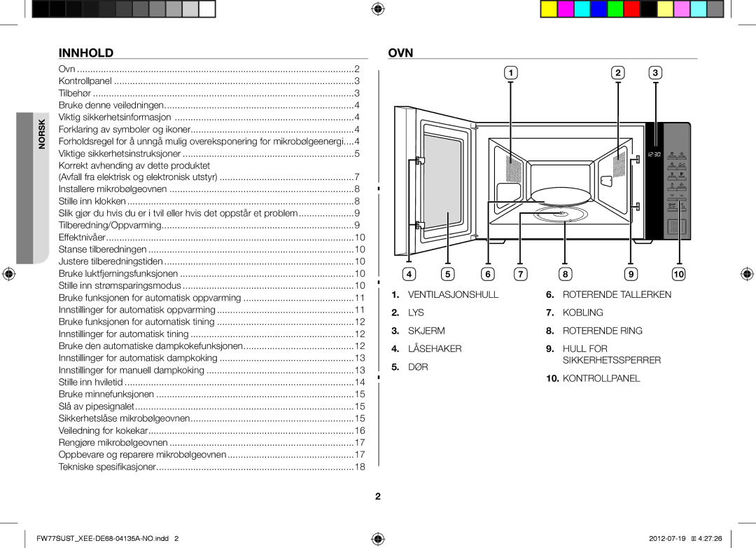 Samsung FW77SUB/XEE manual Innhold, Ovn, Korrekt avhending av dette produktet, Bruke den automatiske dampkokefunksjonen 