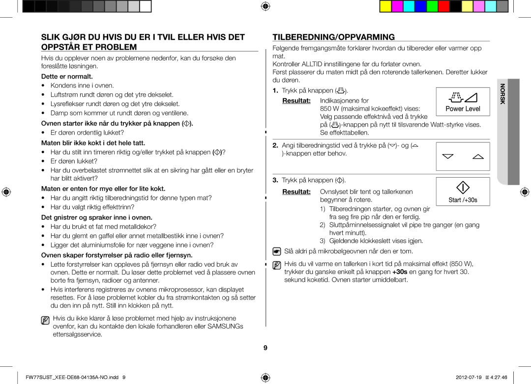 Samsung FW77SUW/XEE, FW77SUST/XEE, FW77SUB/XEE manual Tilberedning/Oppvarming 