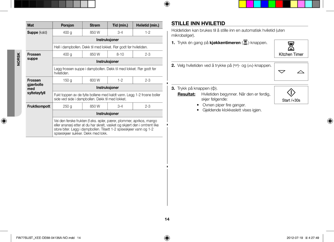 Samsung FW77SUB/XEE, FW77SUST/XEE, FW77SUW/XEE manual Stille INN Hviletid 