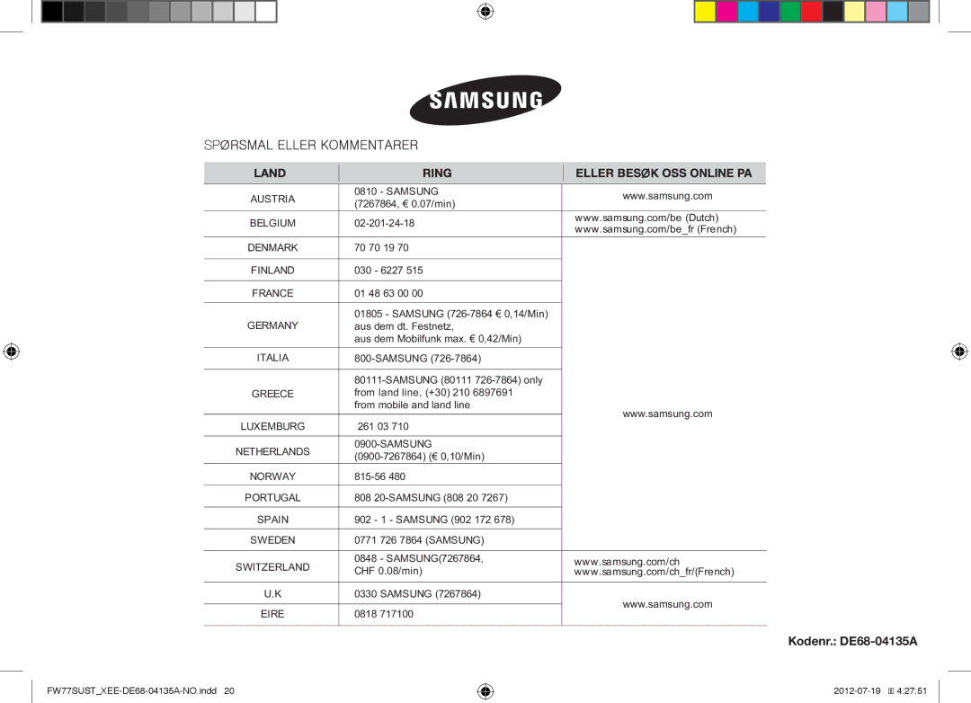 Samsung FW77SUB/XEE, FW77SUST/XEE, FW77SUW/XEE manual Kodenr. DE68-04135A, Austria 